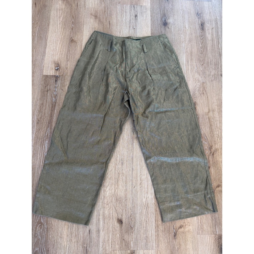 Lauren Ralph Lauren Trousers Womens 8‎ Olive Green Metallic Linen Pleated